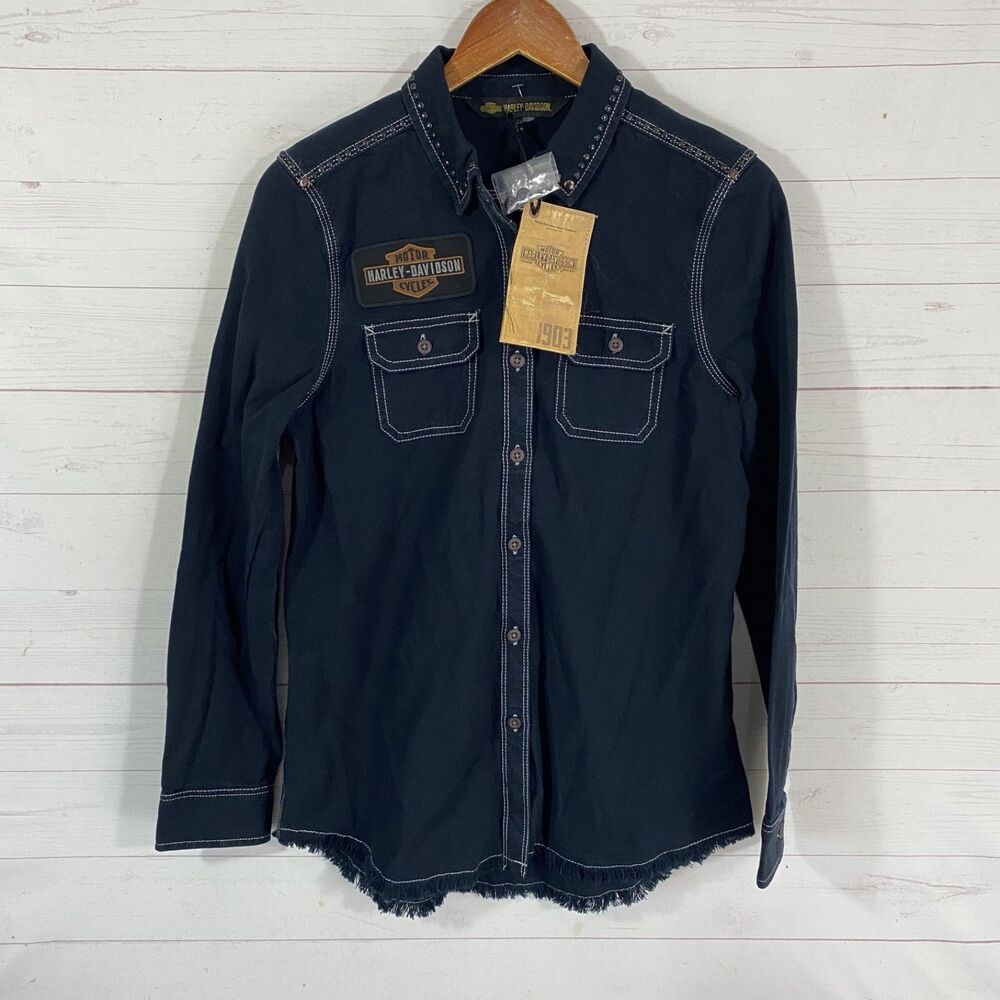 Harley Davidson Womens Studded Button Front Long Sleeve Shirt Sz Small Blue New